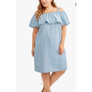 14W OX Blue Chambray Terra & Sky Women's Plus Off Shoulder Ruffle Neck